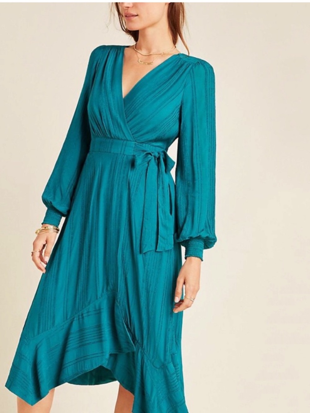 Anthropologie Teal Gathered Waist Dress 6p Boswell green